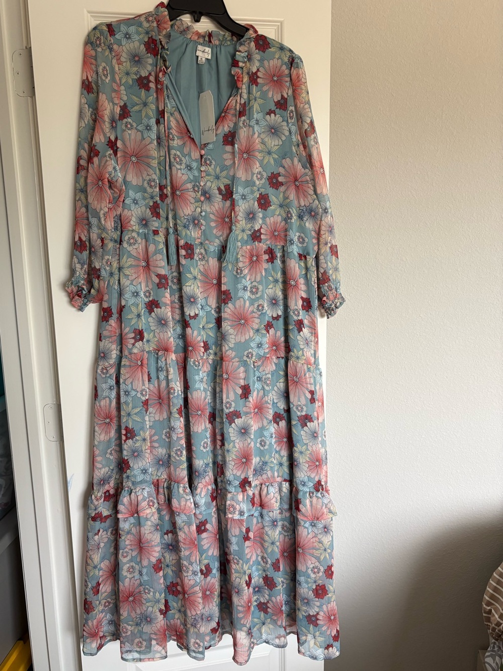 Wonderly Sky Blue Floral Ruffle Maxi Dress